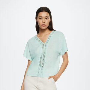 NWT Mango Turquoise  Crochet linen T-shirt- XS